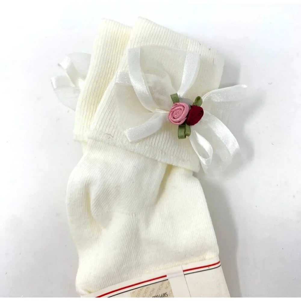 NWT Papilon Girls Dress Ankle Socks Ivory Sheer Bow Rosettes Size 8-9.5